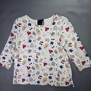 Talbots Shirt Womens Large Petite Paris Print Bow Tie Back Long Sleeve Top